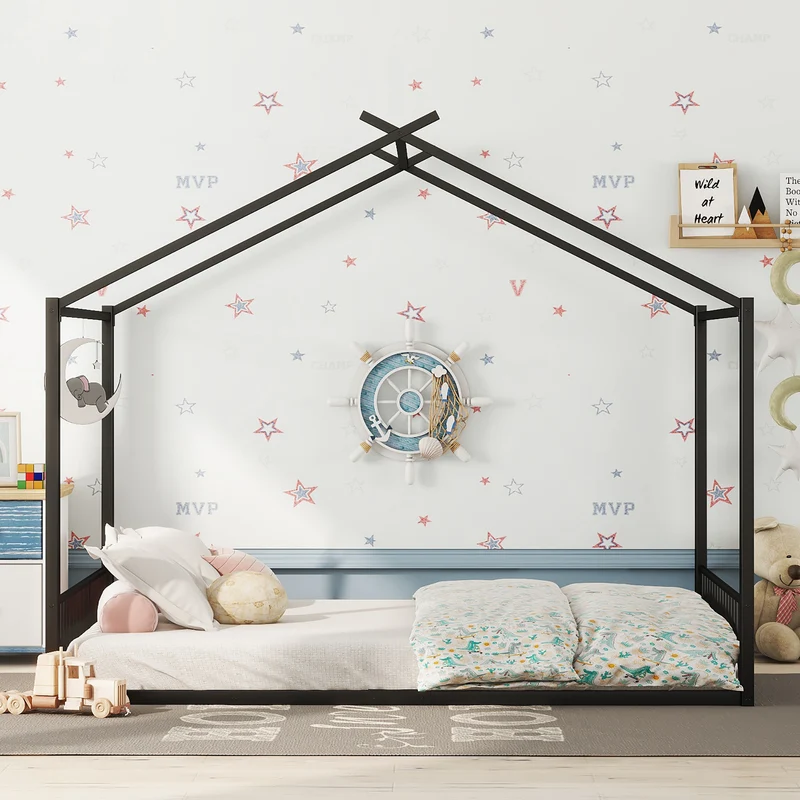Lit enfant cabane double au sol en métal noir, design maison, facile à monter 140x200 cm INFINITEAPEX