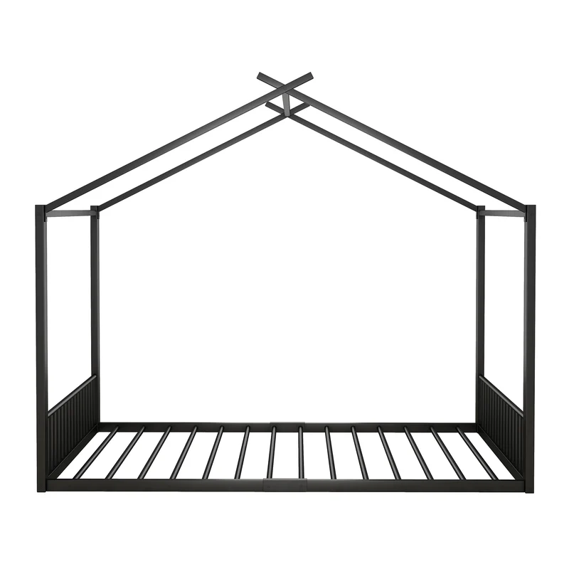 Lit enfant cabane double au sol en métal noir, design maison, facile à monter 140x200 cm INFINITEAPEX