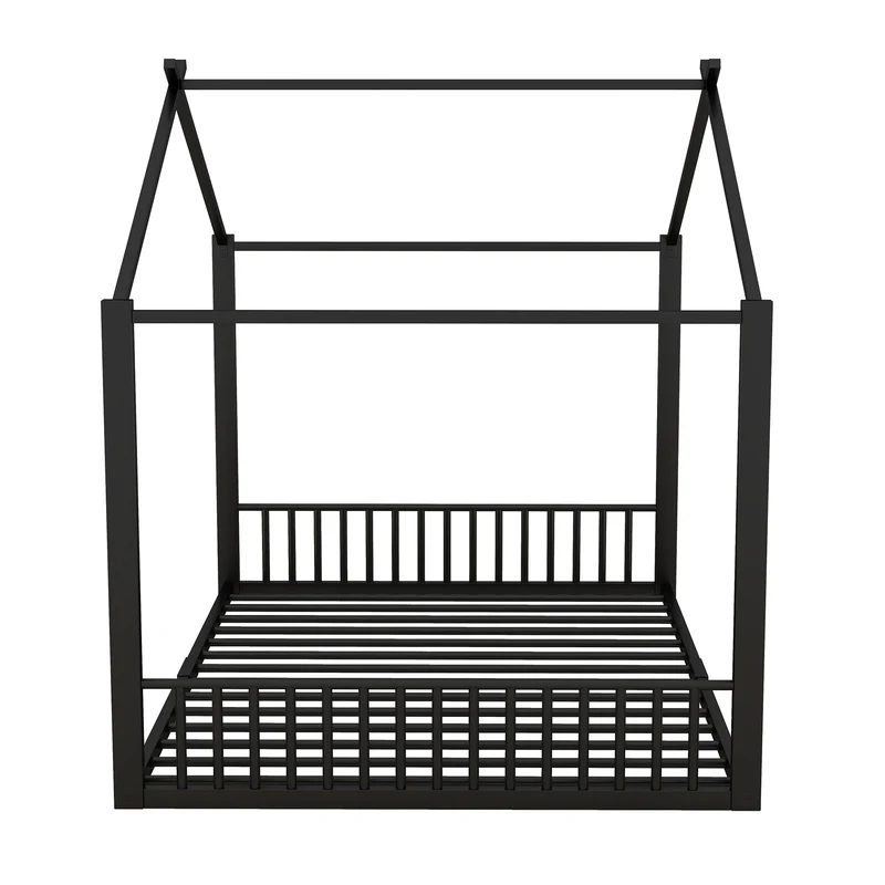 Lit enfant cabane double au sol en métal noir, design maison, facile à monter 140x200 cm INFINITEAPEX