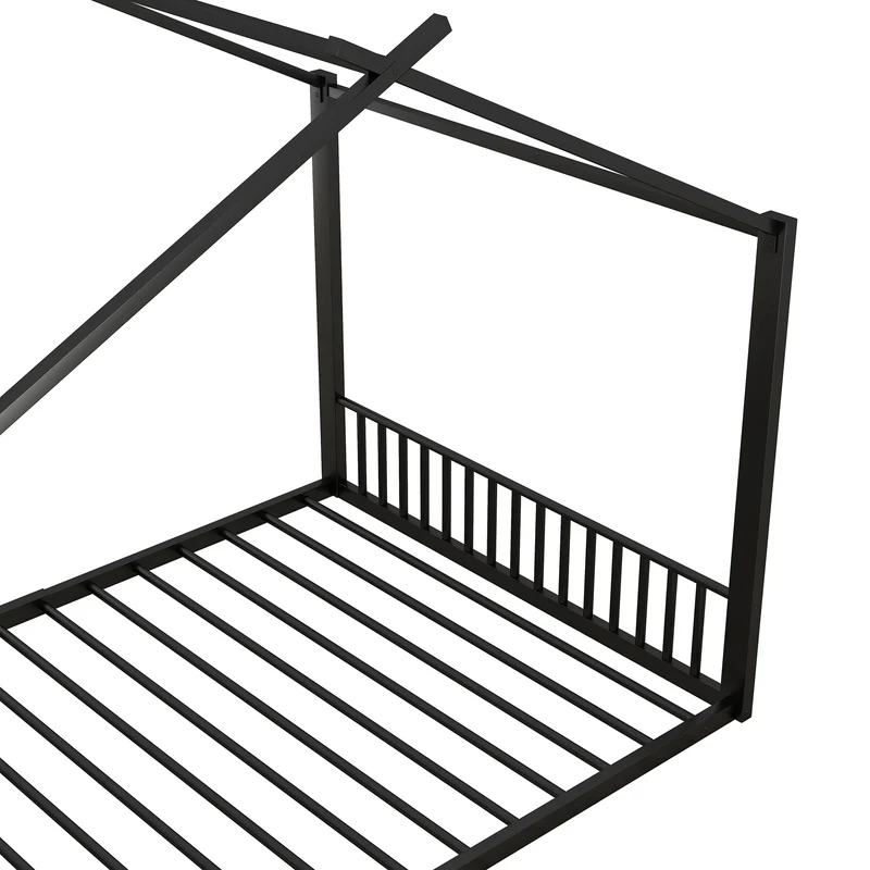 Lit enfant cabane double au sol en métal noir, design maison, facile à monter 140x200 cm INFINITEAPEX