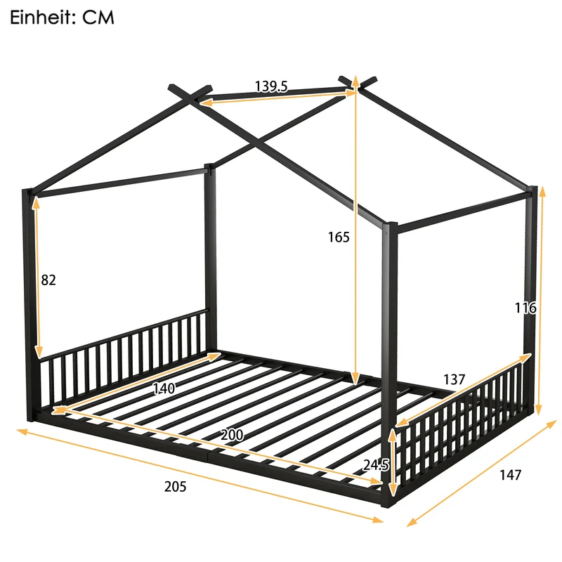 Lit enfant cabane double au sol en métal noir, design maison, facile à monter 140x200 cm INFINITEAPEX