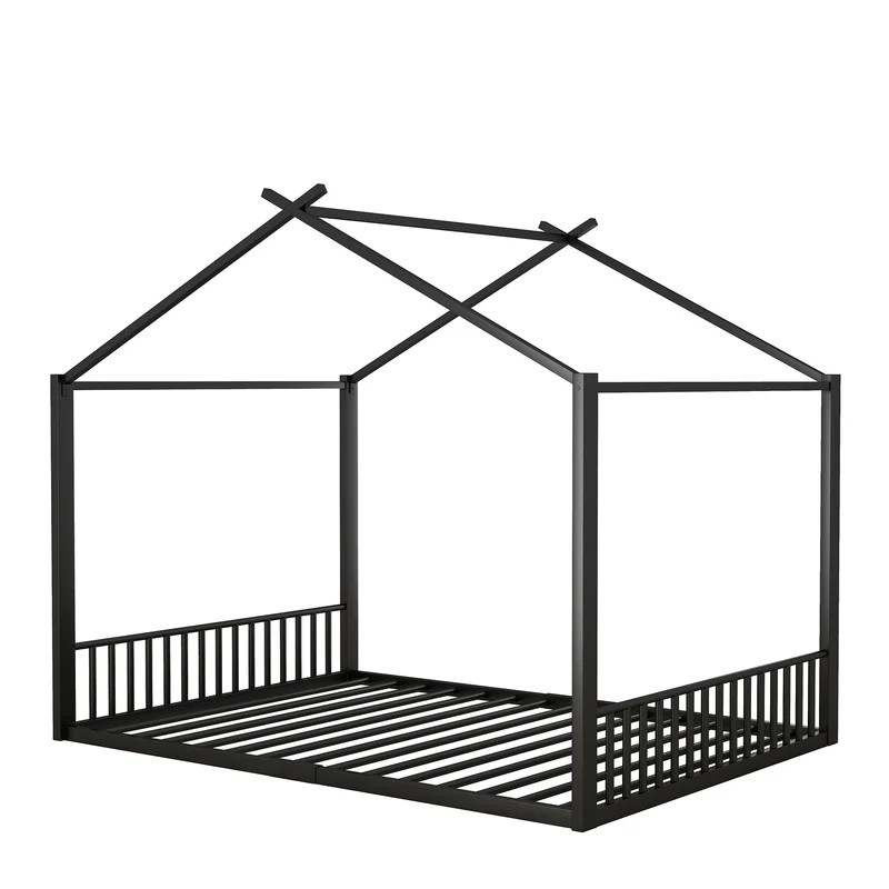 Lit enfant cabane double au sol en métal noir, design maison, facile à monter 140x200 cm INFINITEAPEX
