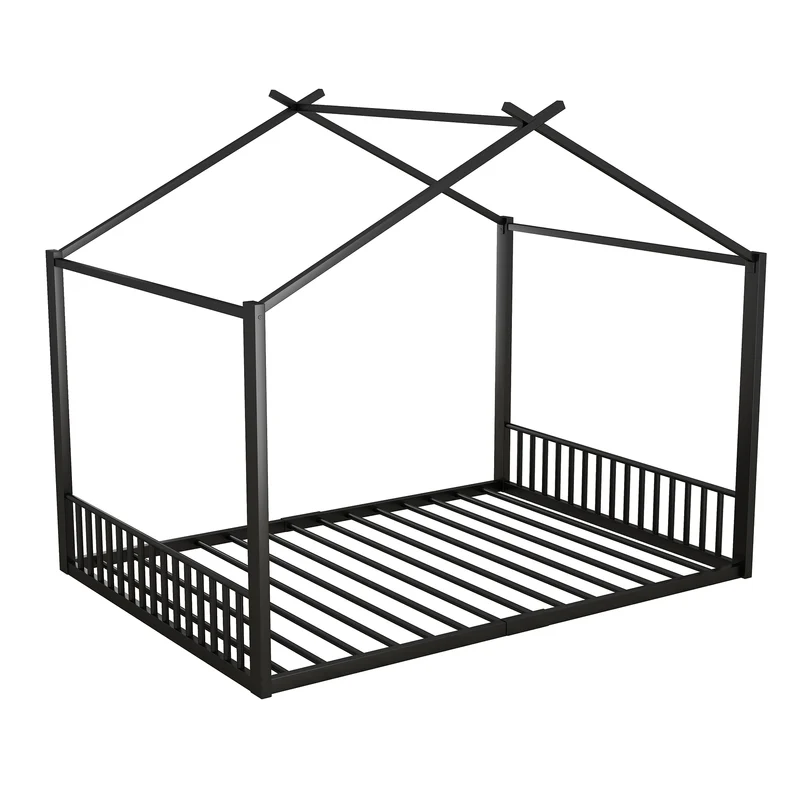 Lit enfant cabane double au sol en métal noir, design maison, facile à monter 140x200 cm INFINITEAPEX
