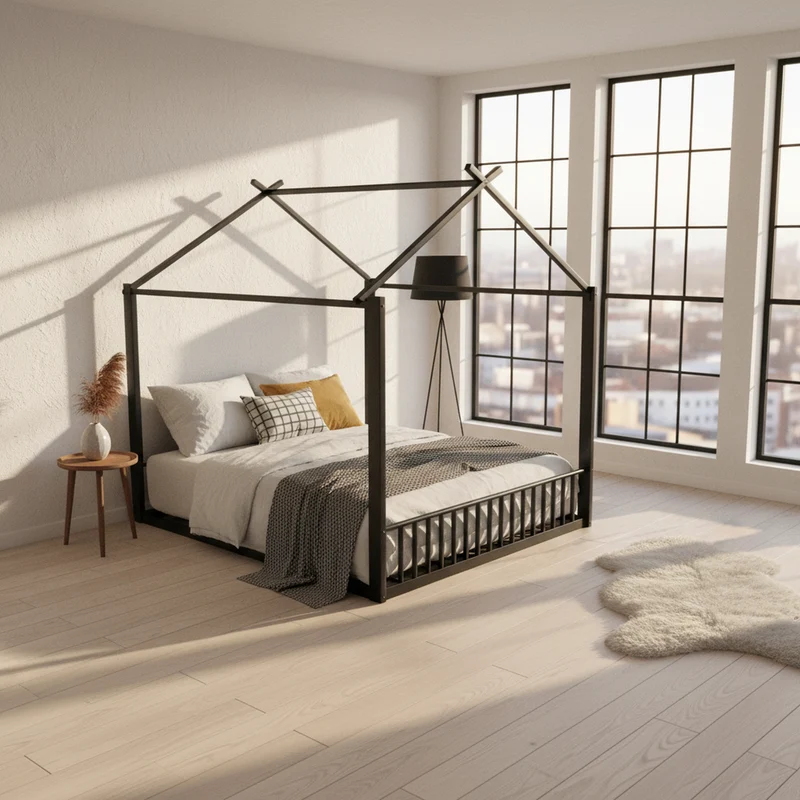 Lit enfant cabane double au sol en métal noir, design maison, facile à monter 140x200 cm INFINITEAPEX
