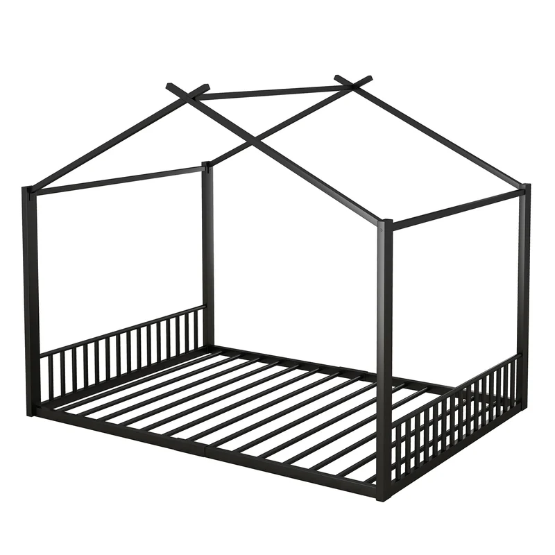 Lit enfant cabane double au sol en métal noir, design maison, facile à monter 140x200 cm INFINITEAPEX