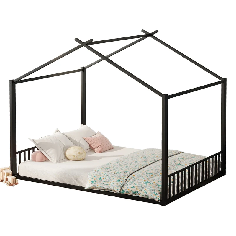 Lit enfant cabane double au sol en métal noir, design maison, facile à monter 140x200 cm INFINITEAPEX