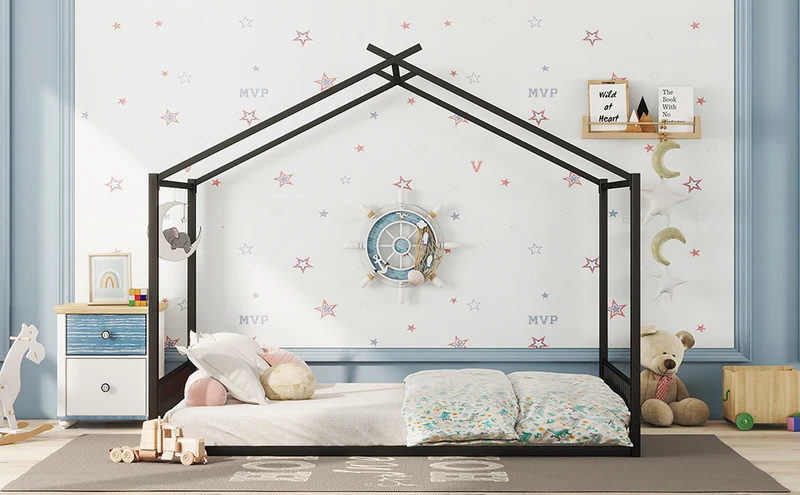 Lit enfant cabane double au sol en métal noir, design maison, facile à monter 140x200 cm INFINITEAPEX