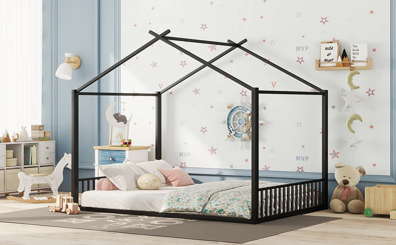 Lit enfant cabane double au sol en métal noir, design maison, facile à monter 140x200 cm INFINITEAPEX