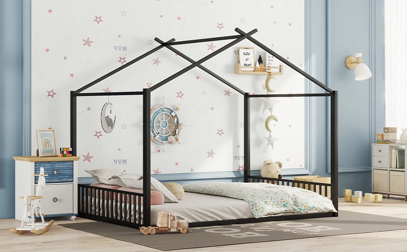 Lit enfant cabane double au sol en métal noir, design maison, facile à monter 140x200 cm INFINITEAPEX