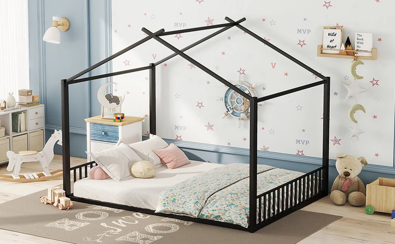 Lit enfant cabane double au sol en métal noir, design maison, facile à monter 140x200 cm INFINITEAPEX