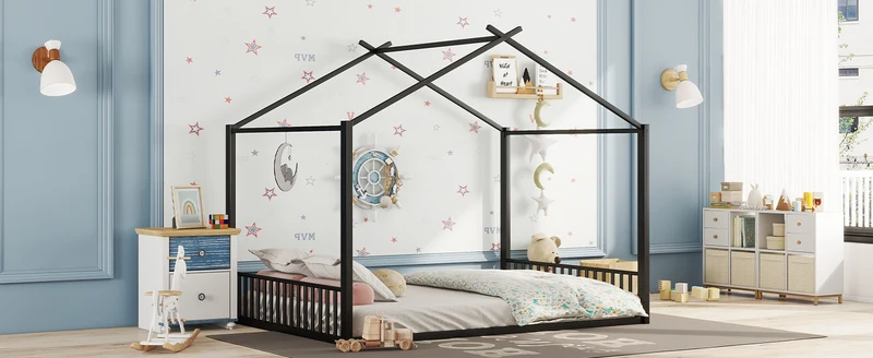 Lit enfant cabane double au sol en métal noir, design maison, facile à monter 140x200 cm INFINITEAPEX