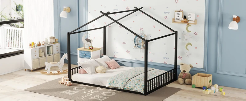 Lit enfant cabane double au sol en métal noir, design maison, facile à monter 140x200 cm INFINITEAPEX