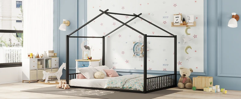 Lit enfant cabane double au sol en métal noir, design maison, facile à monter 140x200 cm INFINITEAPEX