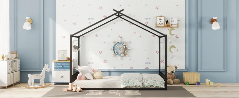 Lit enfant cabane double au sol en métal noir, design maison, facile à monter 140x200 cm INFINITEAPEX