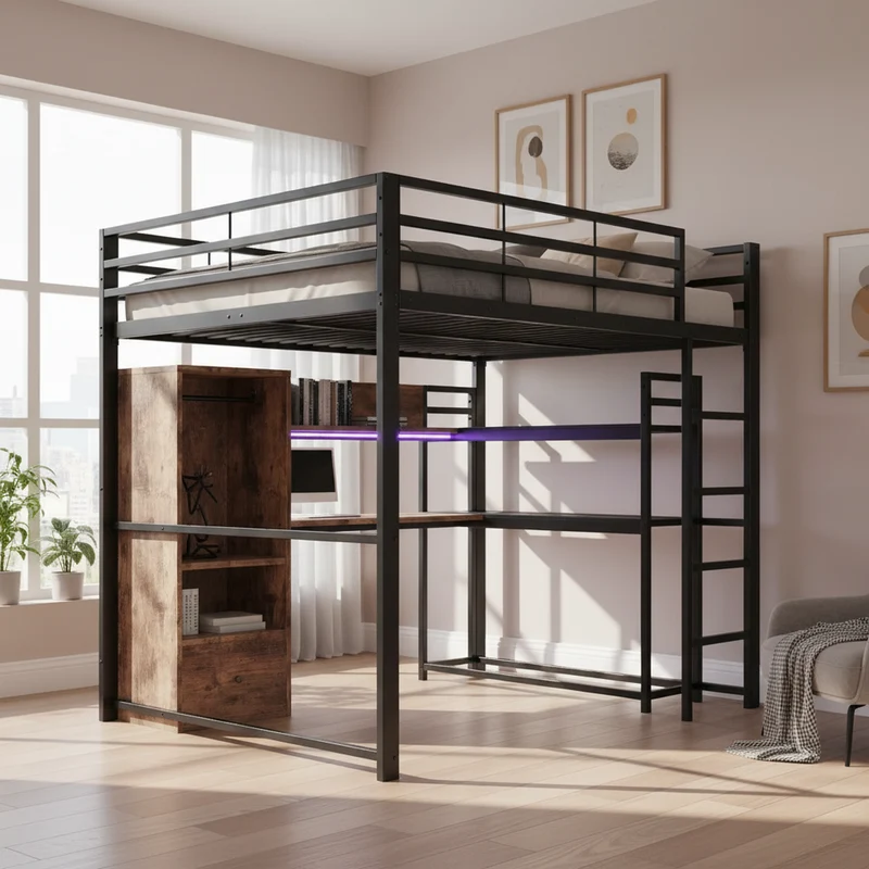 Lit mezzanine double métal noir avec bureau, étagère, escalier et éclairage LED 140x200 cm INFINITEDYNE
