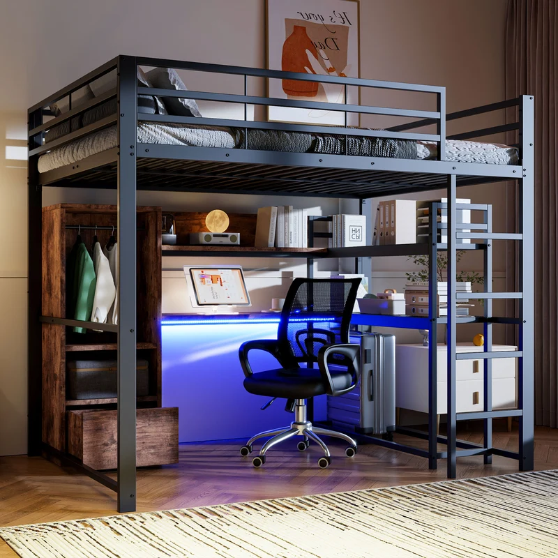 Lit mezzanine double métal noir avec bureau, étagère, escalier et éclairage LED 140x200 cm INFINITEDYNE
