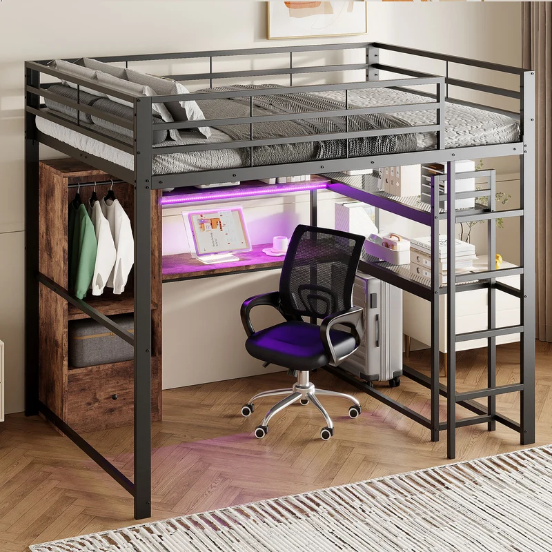 Lit mezzanine double métal noir avec bureau, étagère, escalier et éclairage LED 140x200 cm INFINITEDYNE