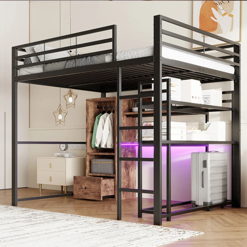 Lit mezzanine double métal noir avec bureau, étagère, escalier et éclairage LED 140x200 cm INFINITEDYNE