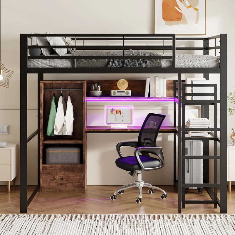Lit mezzanine double métal noir avec bureau, étagère, escalier et éclairage LED 140x200 cm INFINITEDYNE