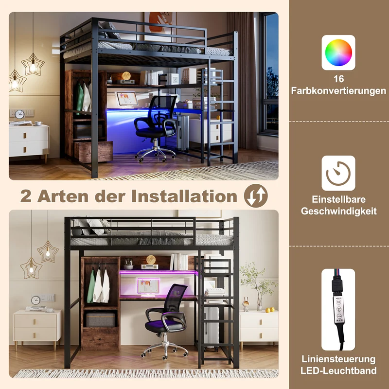 Lit mezzanine double métal noir avec bureau, étagère, escalier et éclairage LED 140x200 cm INFINITEDYNE