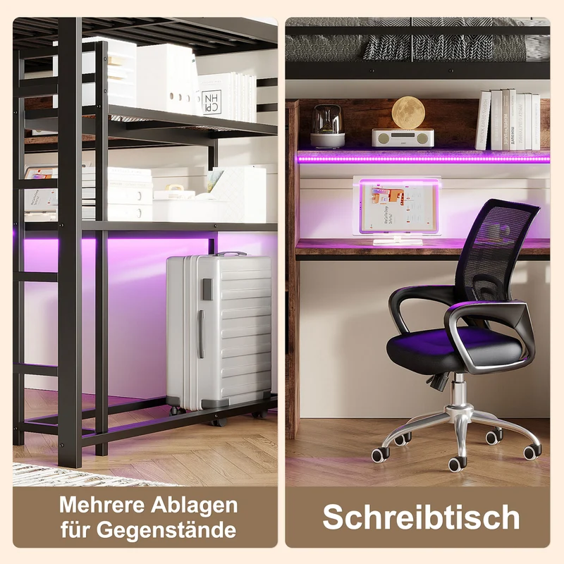 Lit mezzanine double métal noir avec bureau, étagère, escalier et éclairage LED 140x200 cm INFINITEDYNE