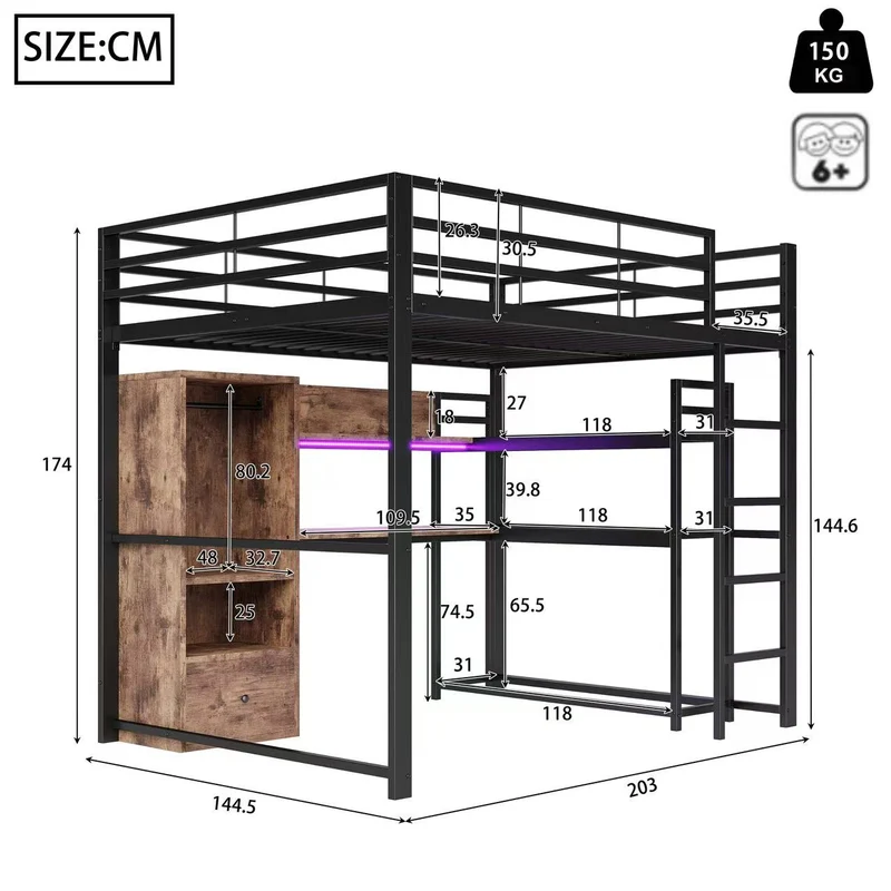 Lit mezzanine double métal noir avec bureau, étagère, escalier et éclairage LED 140x200 cm INFINITEDYNE