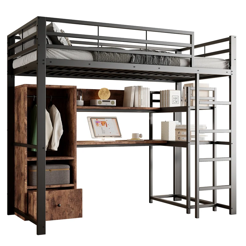 Lit mezzanine double métal noir avec bureau, étagère, escalier et éclairage LED 140x200 cm INFINITEDYNE