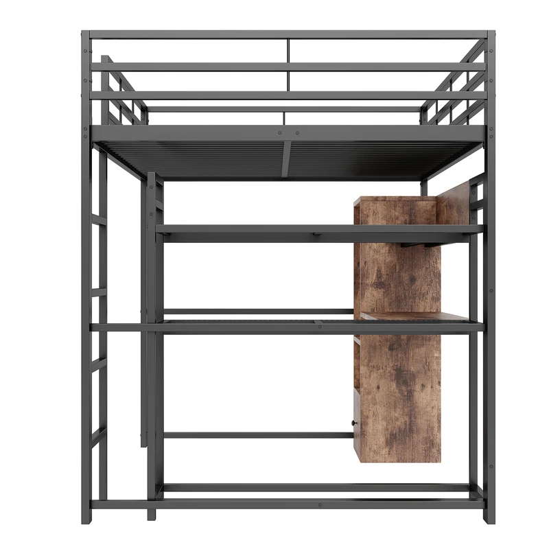 Lit mezzanine double métal noir avec bureau, étagère, escalier et éclairage LED 140x200 cm INFINITEDYNE