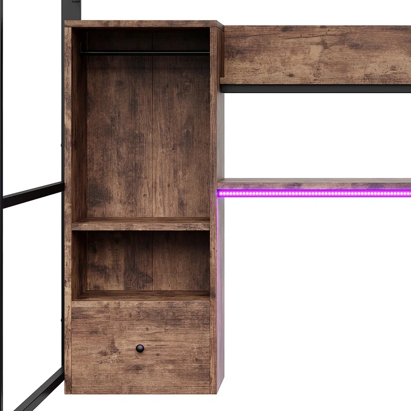 Lit mezzanine double métal noir avec bureau, étagère, escalier et éclairage LED 140x200 cm INFINITEDYNE