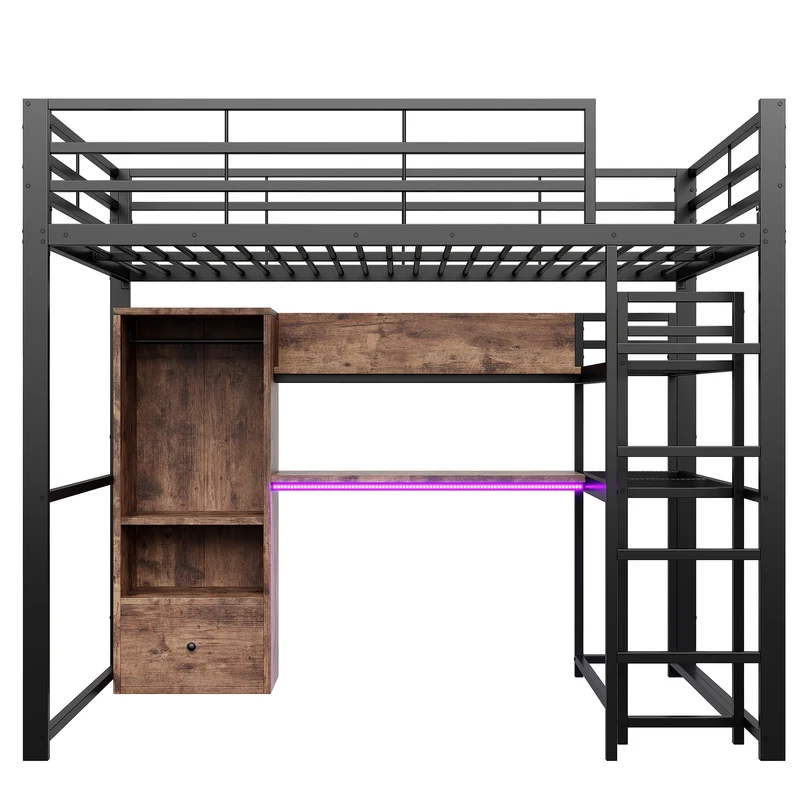 Lit mezzanine double métal noir avec bureau, étagère, escalier et éclairage LED 140x200 cm INFINITEDYNE
