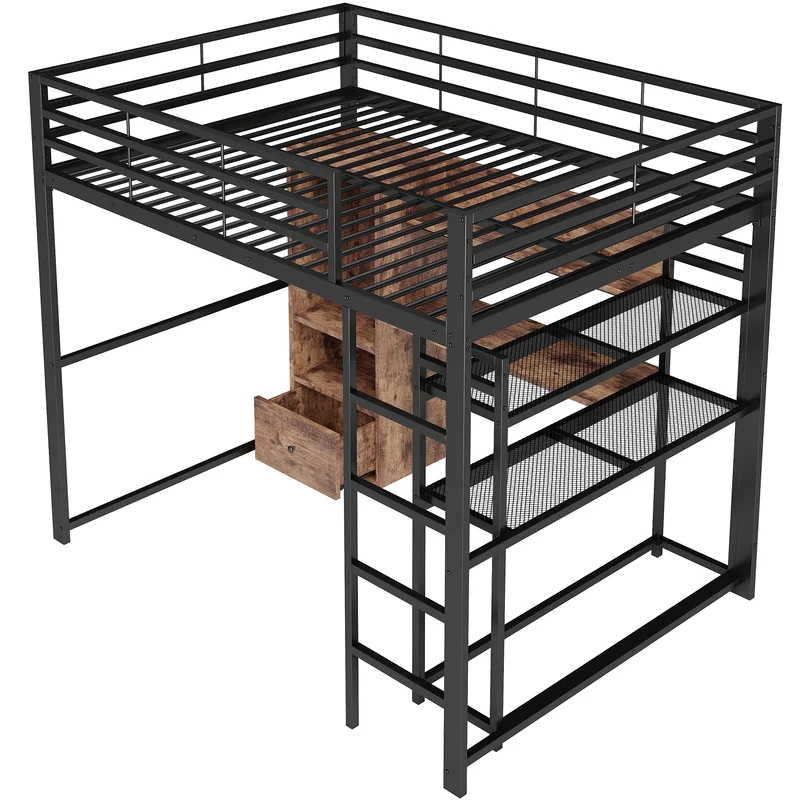 Lit mezzanine double métal noir avec bureau, étagère, escalier et éclairage LED 140x200 cm INFINITEDYNE