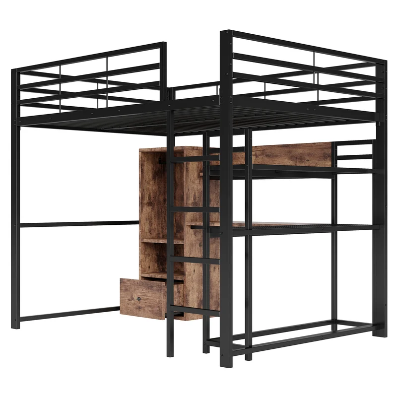 Lit mezzanine double métal noir avec bureau, étagère, escalier et éclairage LED 140x200 cm INFINITEDYNE
