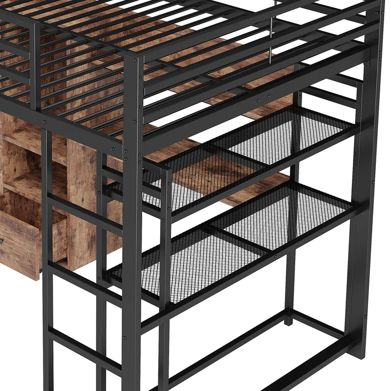 Lit mezzanine double métal noir avec bureau, étagère, escalier et éclairage LED 140x200 cm INFINITEDYNE