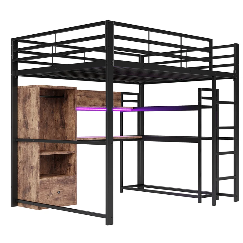 Lit mezzanine double métal noir avec bureau, étagère, escalier et éclairage LED 140x200 cm INFINITEDYNE