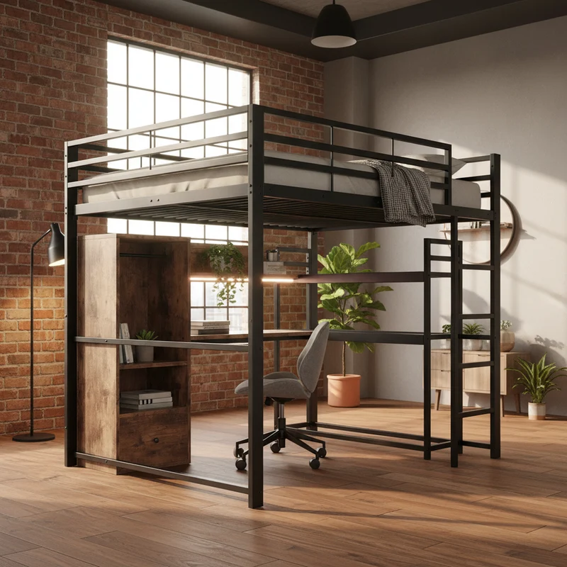 Lit mezzanine double métal noir avec bureau, étagère, escalier et éclairage LED 140x200 cm INFINITEDYNE