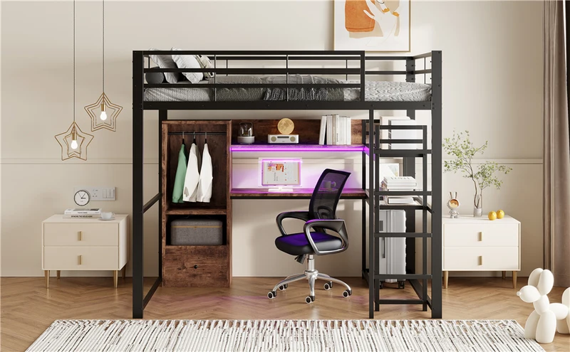 Lit mezzanine double métal noir avec bureau, étagère, escalier et éclairage LED 140x200 cm INFINITEDYNE