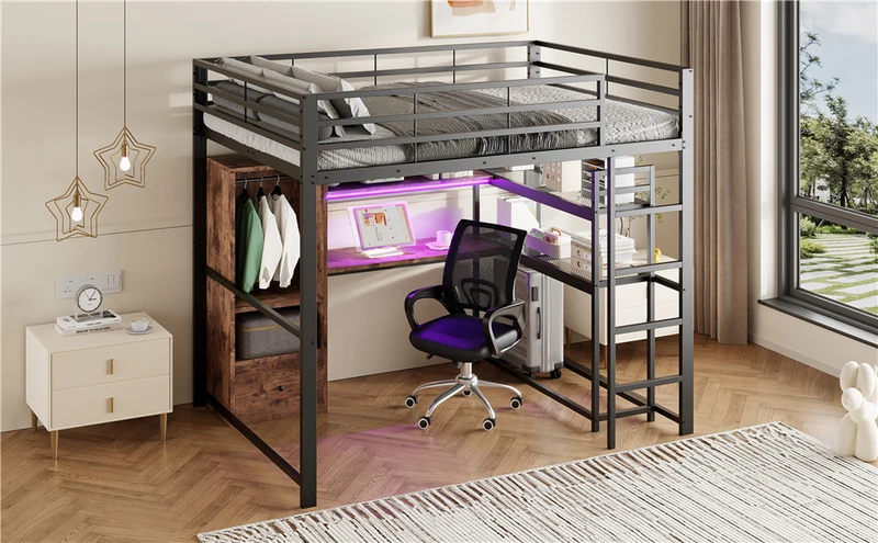 Lit mezzanine double métal noir avec bureau, étagère, escalier et éclairage LED 140x200 cm INFINITEDYNE