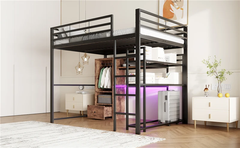 Lit mezzanine double métal noir avec bureau, étagère, escalier et éclairage LED 140x200 cm INFINITEDYNE