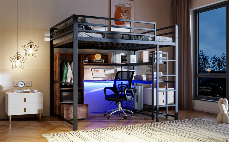 Lit mezzanine double métal noir avec bureau, étagère, escalier et éclairage LED 140x200 cm INFINITEDYNE