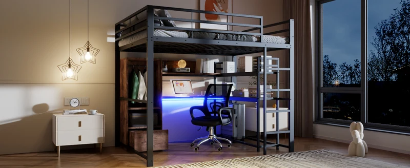 Lit mezzanine double métal noir avec bureau, étagère, escalier et éclairage LED 140x200 cm INFINITEDYNE