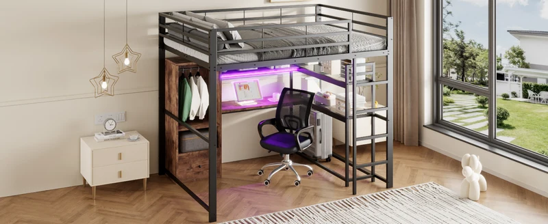 Lit mezzanine double métal noir avec bureau, étagère, escalier et éclairage LED 140x200 cm INFINITEDYNE