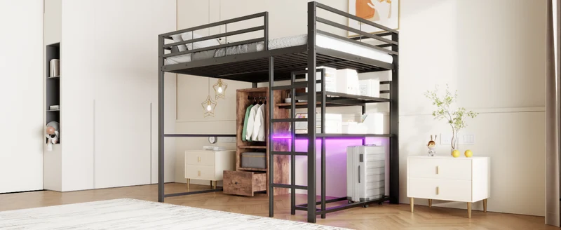 Lit mezzanine double métal noir avec bureau, étagère, escalier et éclairage LED 140x200 cm INFINITEDYNE