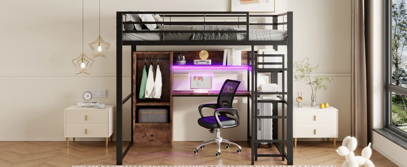 Lit mezzanine double métal noir avec bureau, étagère, escalier et éclairage LED 140x200 cm INFINITEDYNE