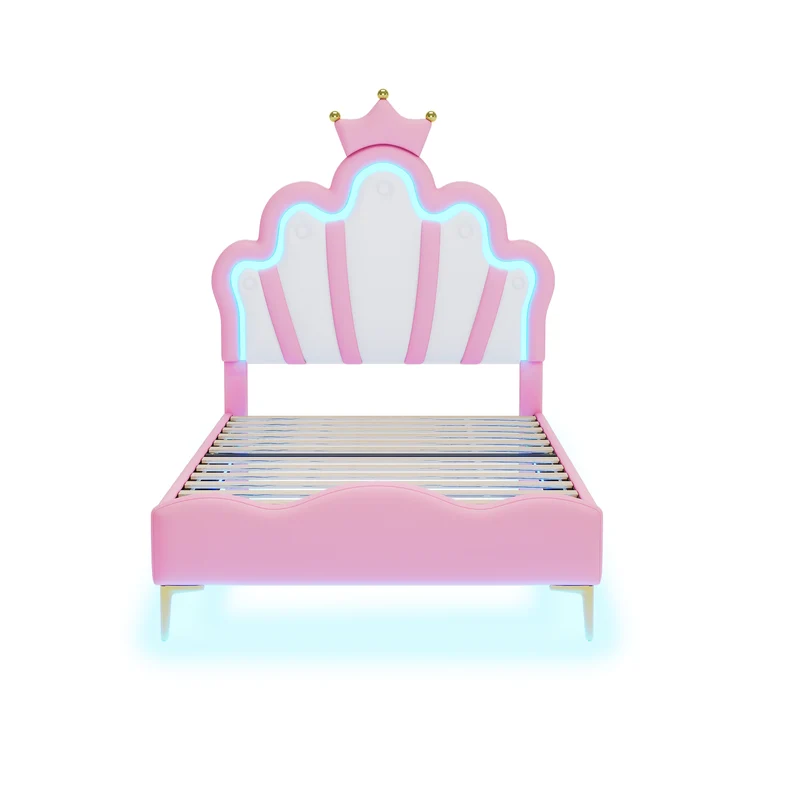 Lit enfant double princesse couronne PU rose avec LED réglable 90x200cm FLAREVAEL