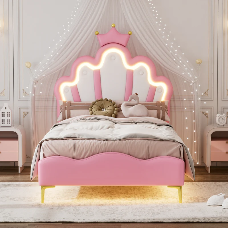 Lit enfant double princesse couronne PU rose avec LED réglable 90x200cm FLAREVAEL