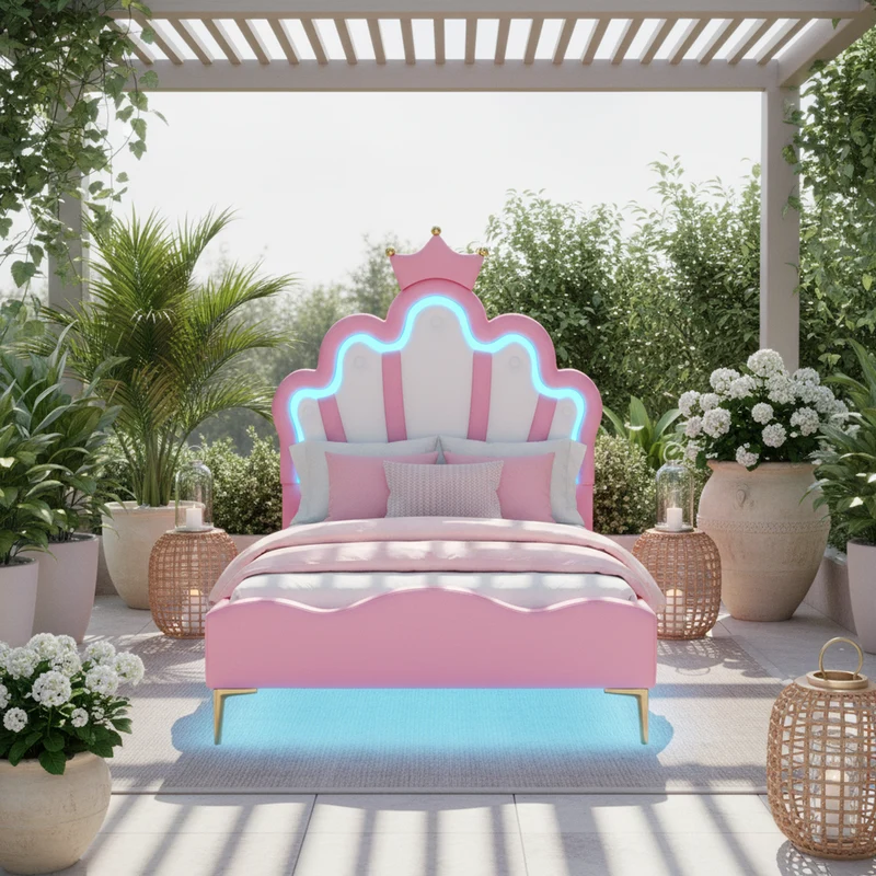 Lit enfant double princesse couronne PU rose avec LED réglable 90x200cm FLAREVAEL
