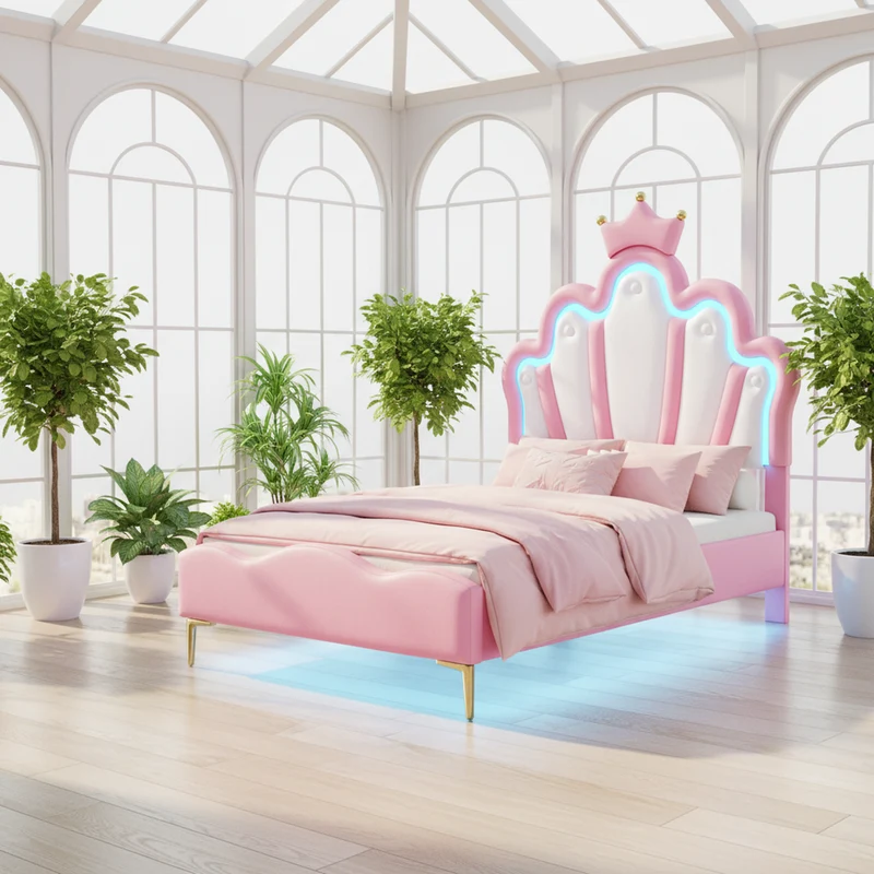 Lit enfant double princesse couronne PU rose avec LED réglable 90x200cm FLAREVAEL