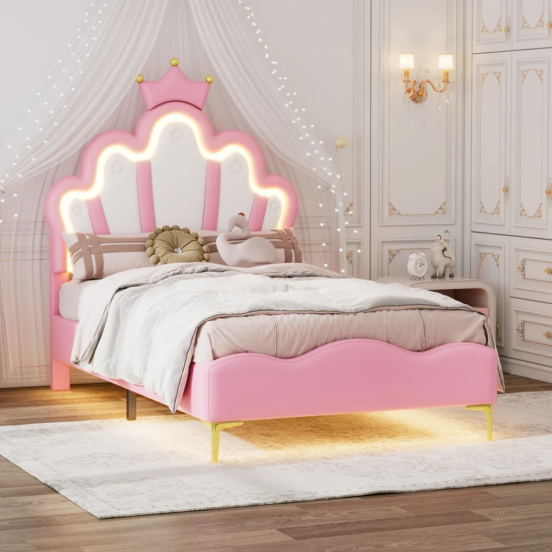 Lit enfant double princesse couronne PU rose avec LED réglable 90x200cm FLAREVAEL