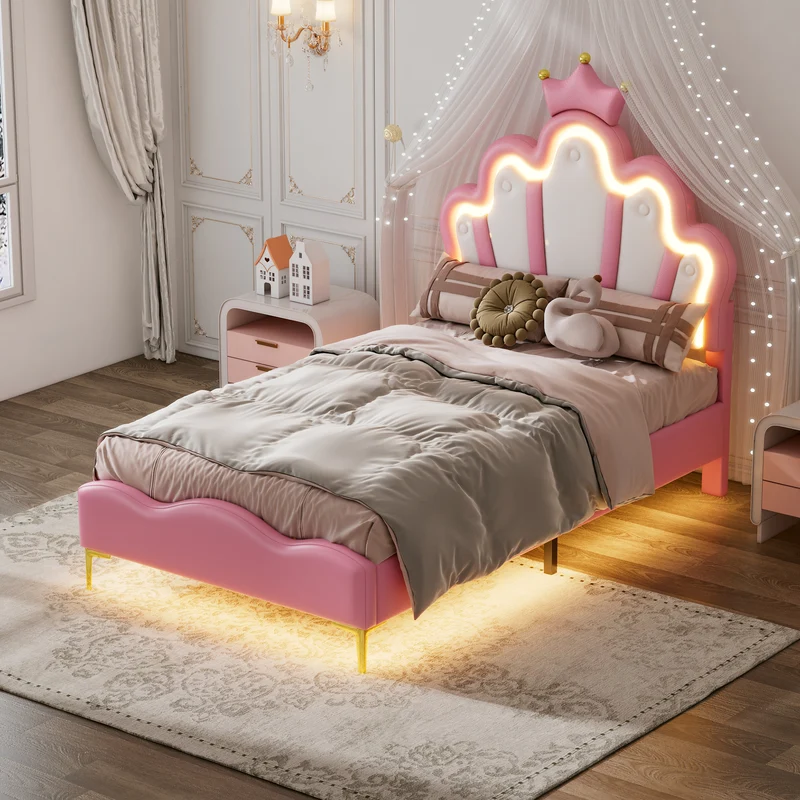 Lit enfant double princesse couronne PU rose avec LED réglable 90x200cm FLAREVAEL