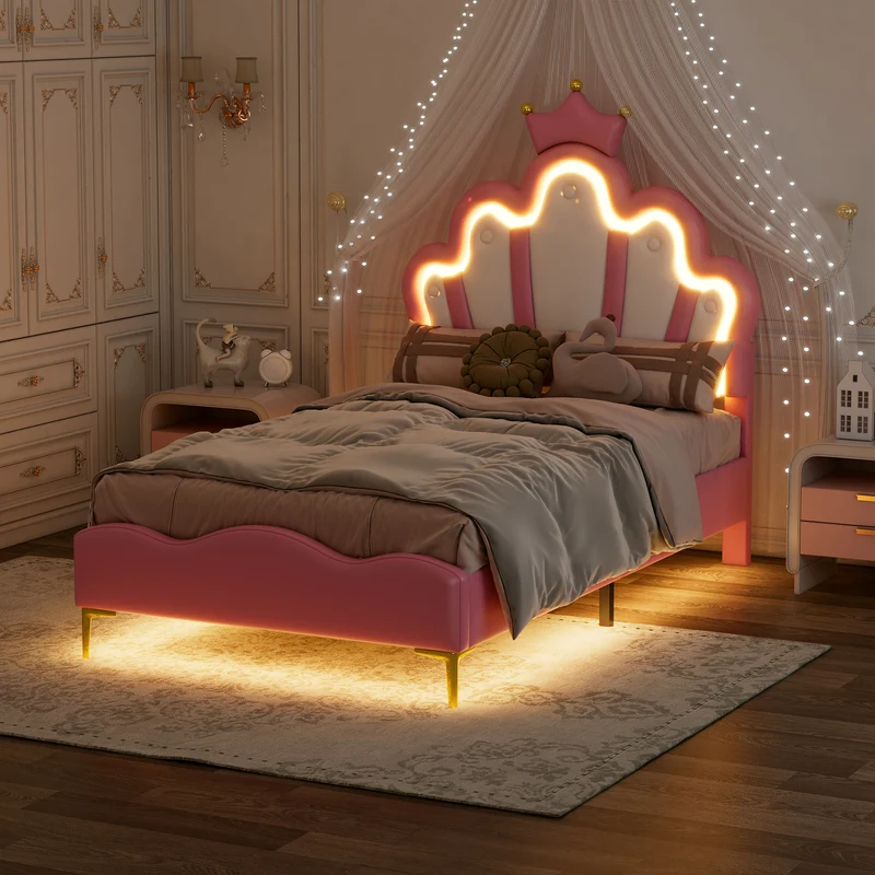 Lit enfant double princesse couronne PU rose avec LED réglable 90x200cm FLAREVAEL
